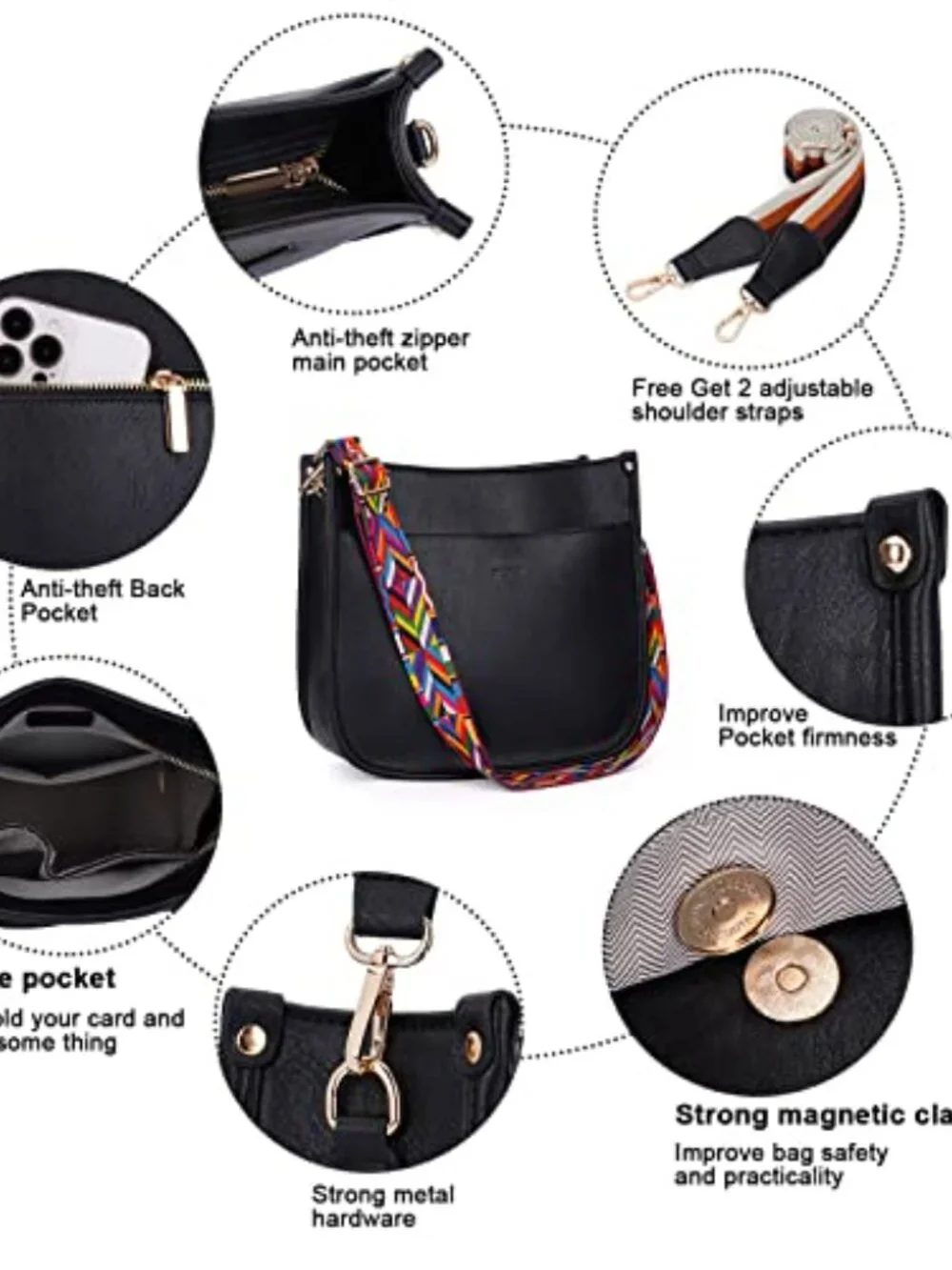 Vegan Leather Hobo Handbag with 2 Adjustable Guitar Straps Crossbody Bag